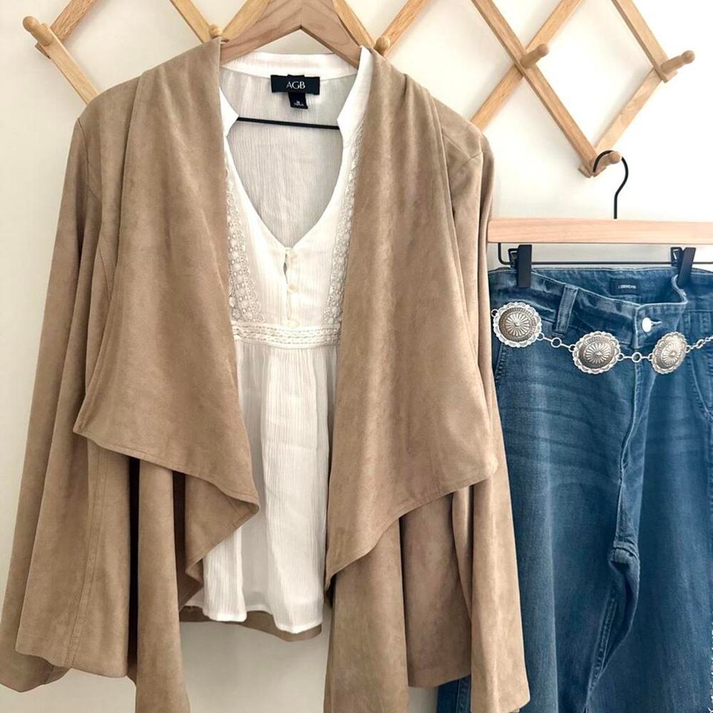 Faux suede boho festival draped waterfall cardigan